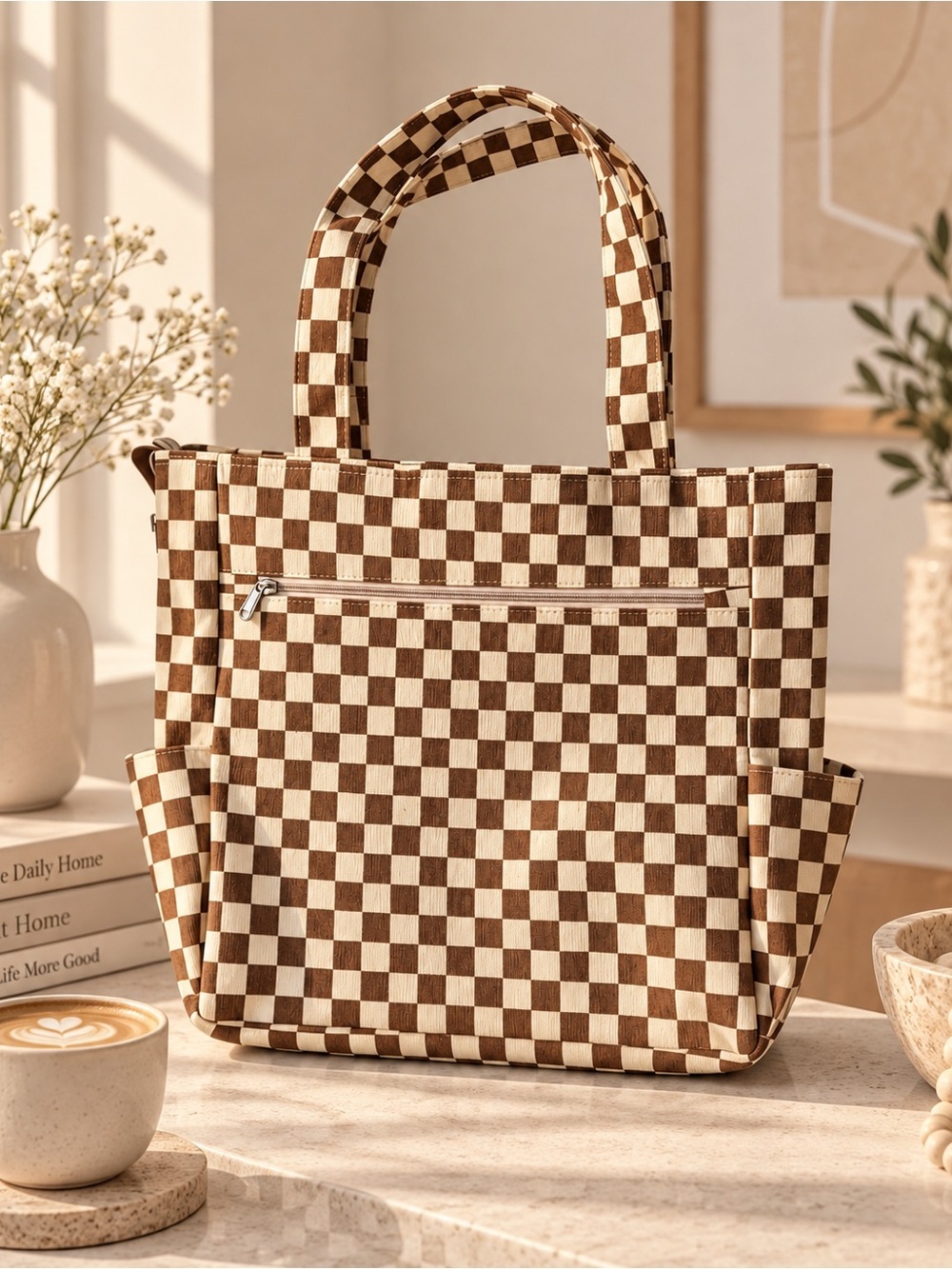 Brown & Cream Checkered Tote Bag Boho Indie Sleaze Y2K Shoulder Bag Retro